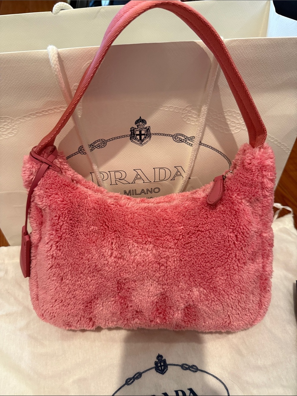 Authentic Prada Re-Edition 2000 Terry Mini Pink Shearling Logo Bag - Picture 2 of 6